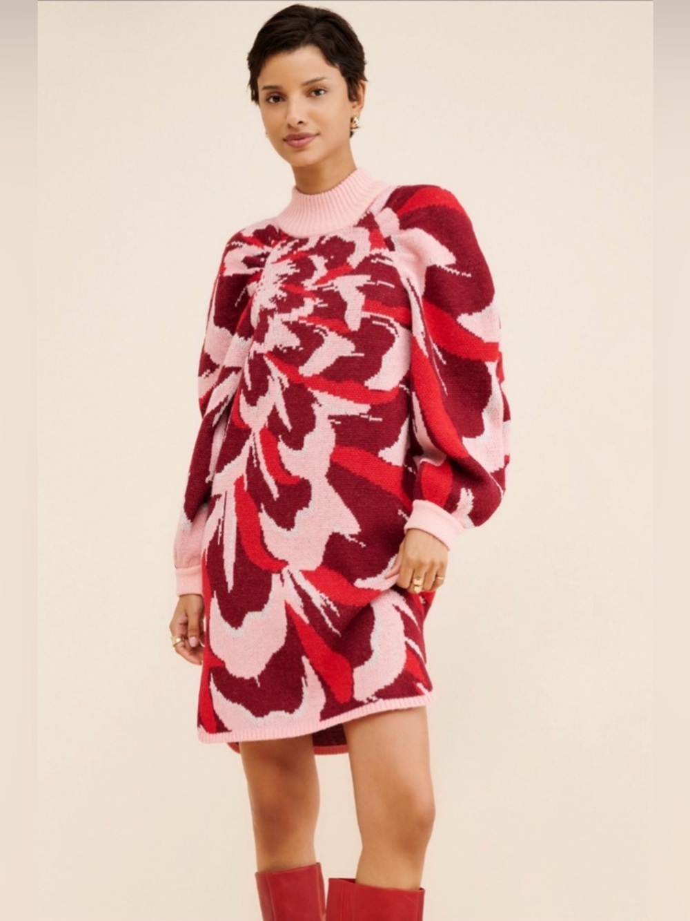 Farm Rio x Nuuly Flower Knit Mini Dress Red Pink Puff Sleeve L EUC $230 - Picture 3 of 8